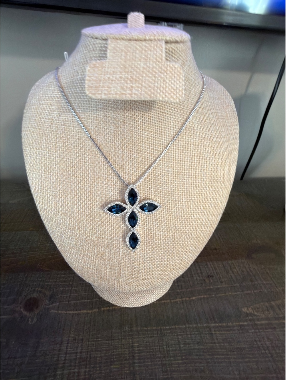 La Scala Silver Tone Cross Pendant Necklace With Dark Blue Marquise Stones